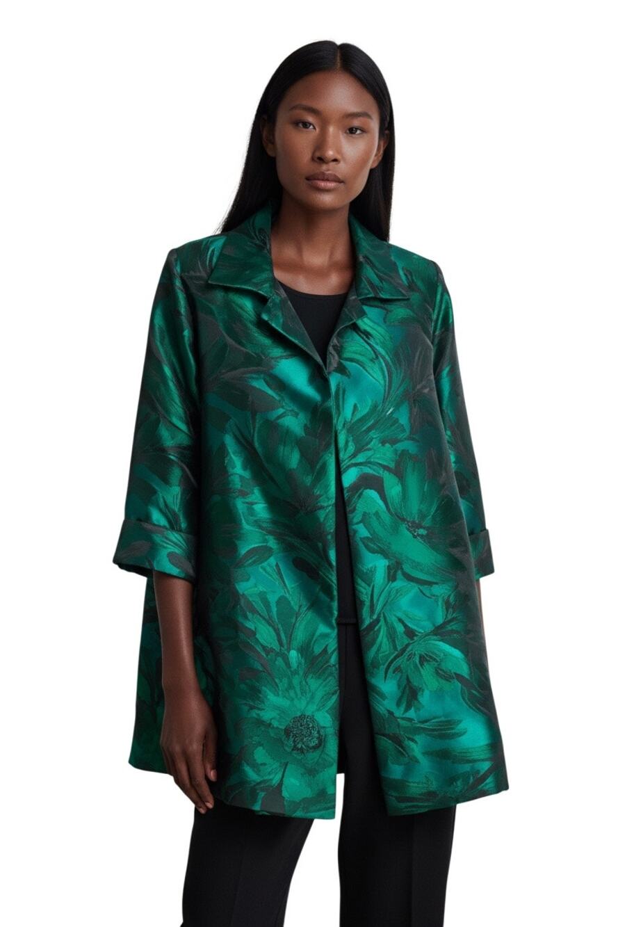 NWT CAROLINE ROSE $498 Botanical Emerald Green Jacquard A-Line Jacket Size S